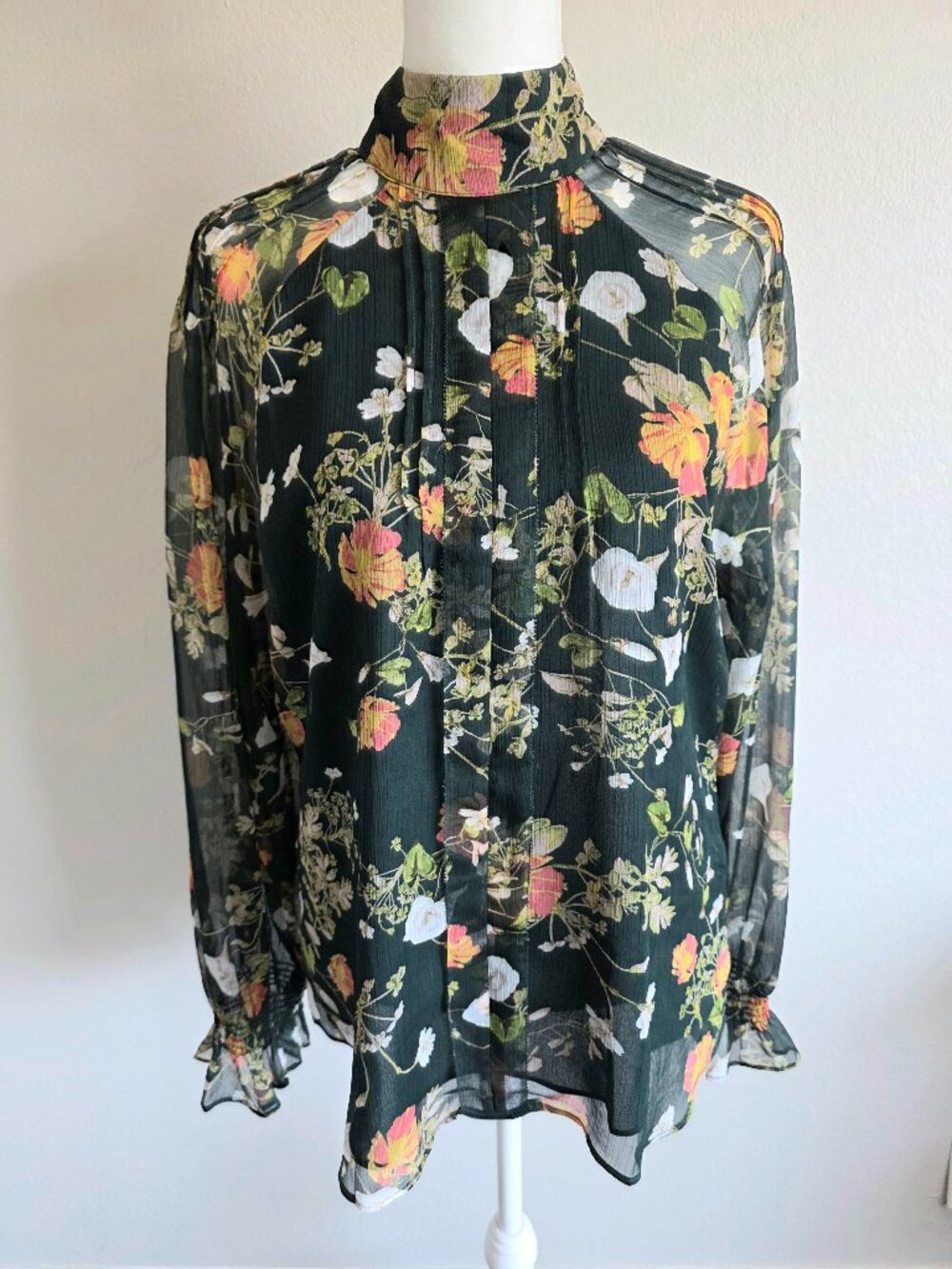 Lauren Ralph Lauren Blouse Green Floral Chiffon Pleated Mock Neck Lined Size M
